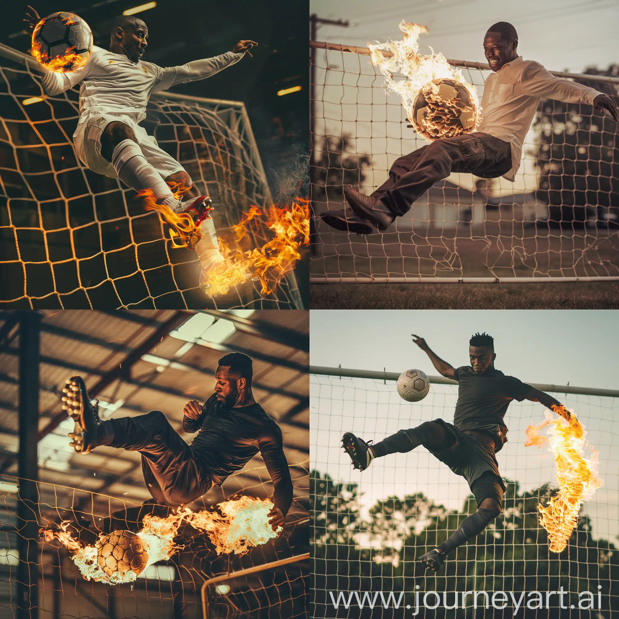 African american male doing an arial kick over the net with a ball on fire