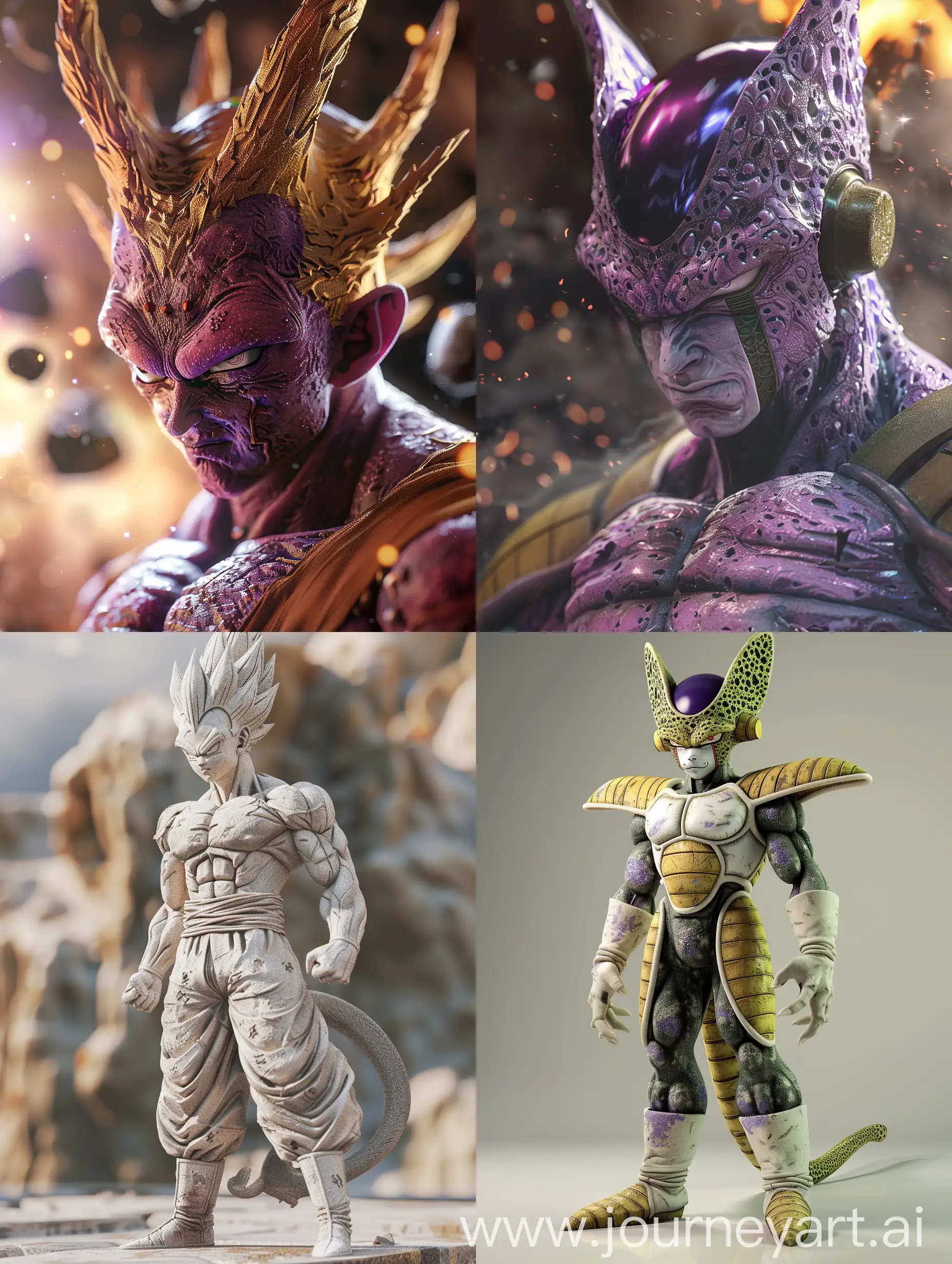 3D realistic, sinematic movie effect, intricate details, 32k, higt quality, long shot of "frieza" from Dragon Ball.