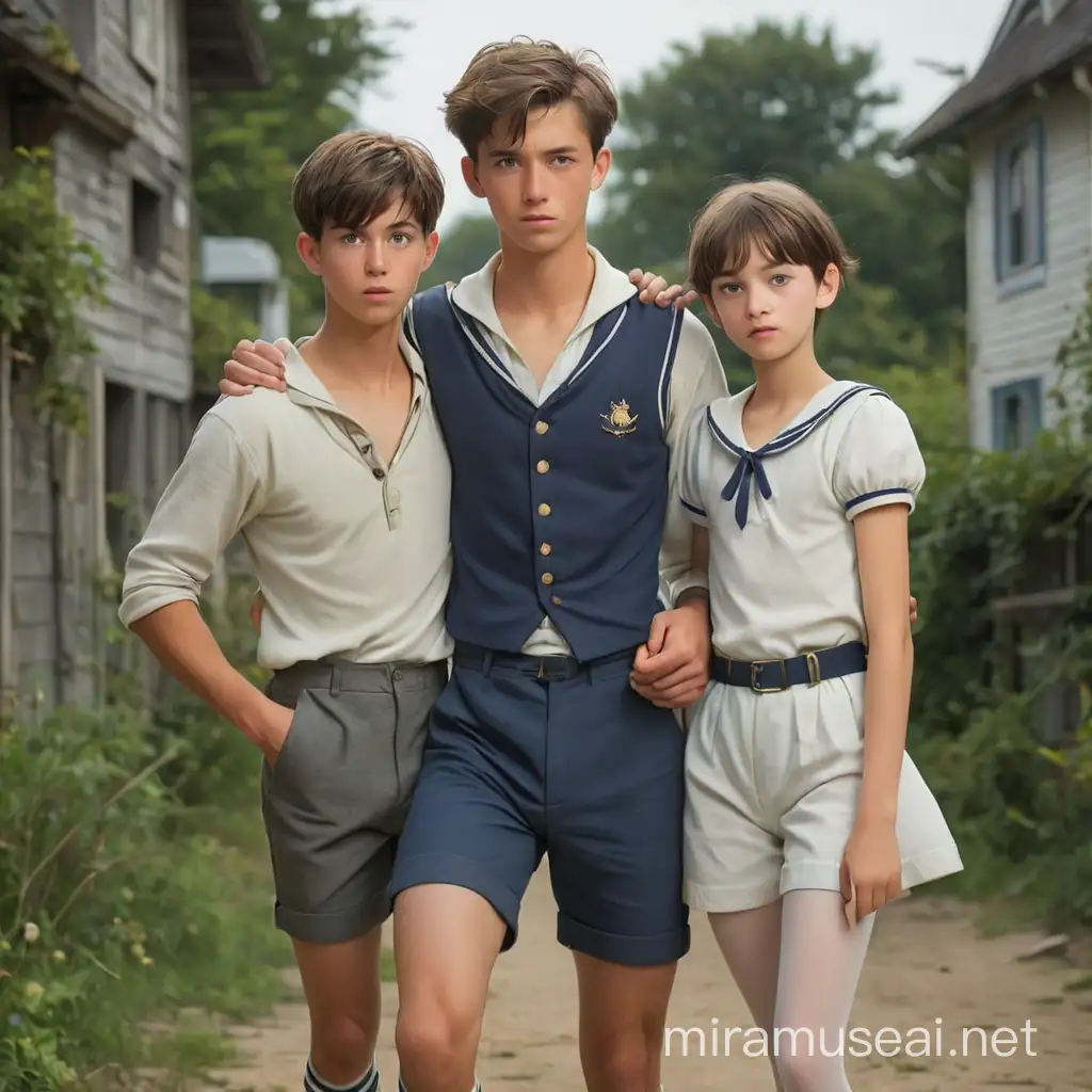 A father kidnaps a teenager and forces him to be his son and wear children's clothes. The son is very beautiful, 16 years old, thin, no muscles, short hair, white skin. The father appears in the picture carrying the teenager, while the teenager feels terrified. The teenager now wears a childish Victorian sailor suit, shorts and pantyhose The father is a handsome young man wearing a men's suit.
