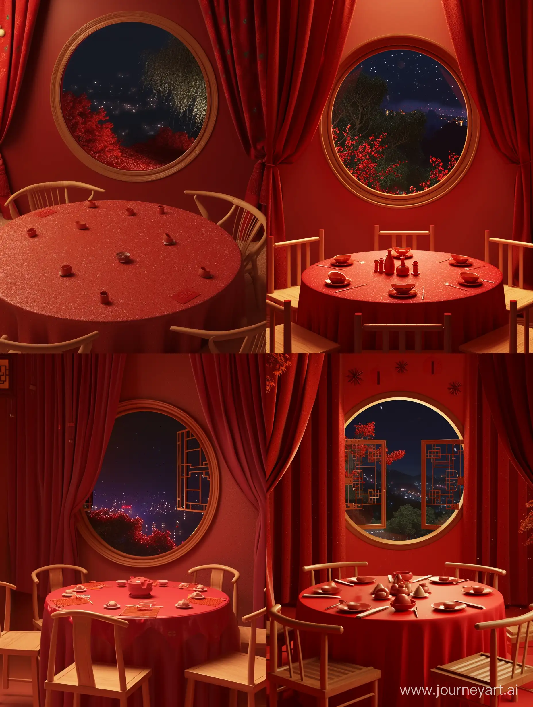 ip design style, Bubble Mart blind box style, Spring Festival Eve dinner scene,red round table and red tablecloth, some wooden chairs around the round table, a small round Chinese-style window, outside the window is the night view, red wall and red curtains, octane rendering, from behance, Blender, clay texture, isometric view, close-up