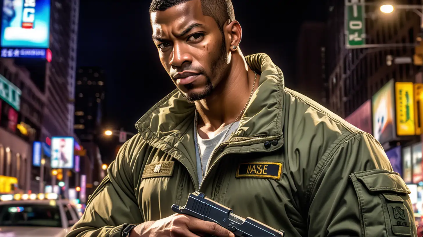 Joe, handsome, buff, serious, african-american, 28-year old, retired special operator, wearing an army surplus jacket, brandishing a glock pistol, in manhattan, magna style, hyper realistic, dramatic lighting, in style of anime kozaki yusuke