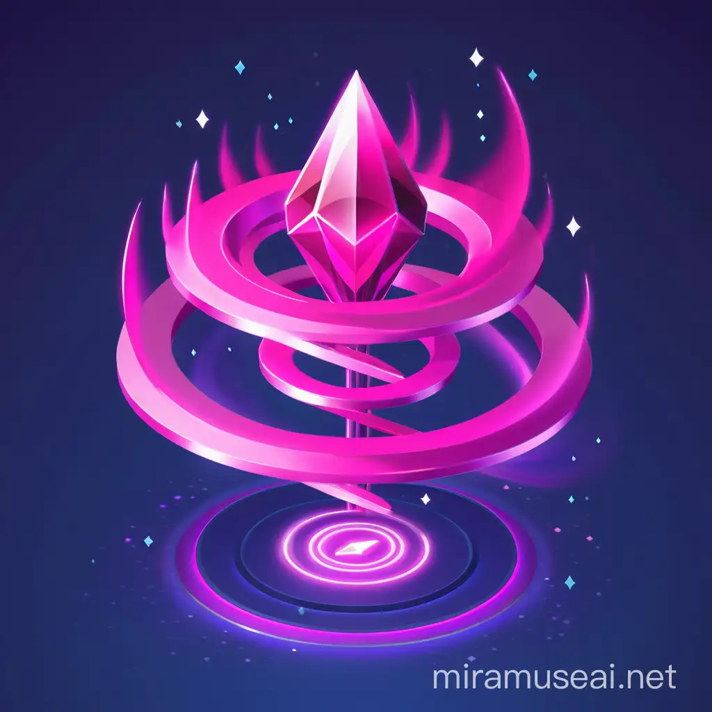 Design an isometric 2.5D icon of a fuchsia aura that spins in a mischievous manner. The aura should have an ethereal, almost dreamlike quality, hinting at a whimsical spell.