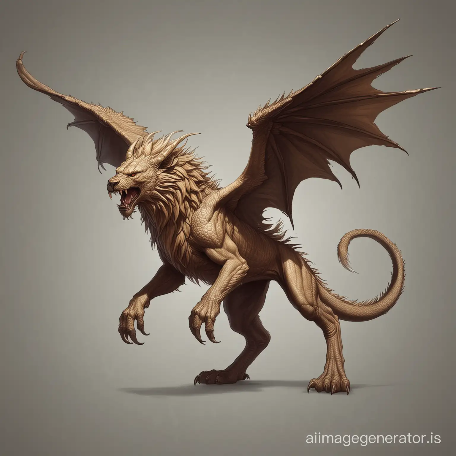 Draw me a creature with the following features: the body and head of a lion, the horns and fangs of a dragon and the wings of a wyvern. Its front legs are those of a bear, its back legs are eagle talons and it has a scorpion tail. I need the drawing to be in 2D with transparency.
