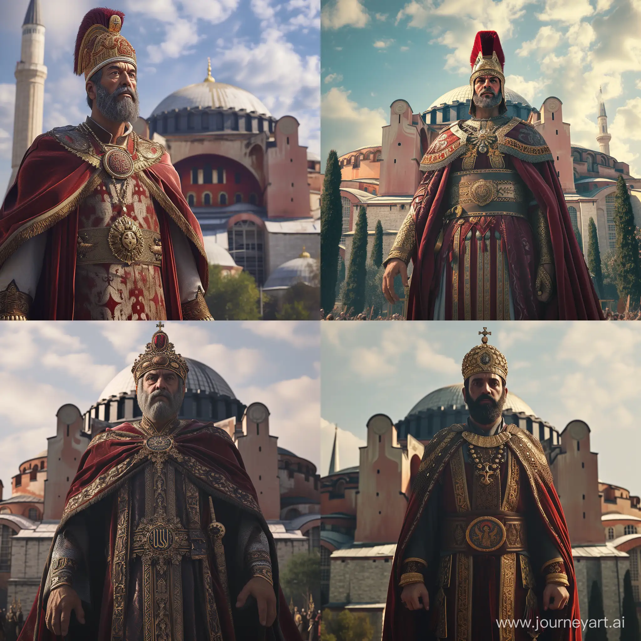 Byzantine Emperor Constantine XI Palailogos standing tall in front of Hagia Sophia church, wearing Byzantine Emperor attire, he seems proud and brave, Cinematic shot, realistic, 8K, HD