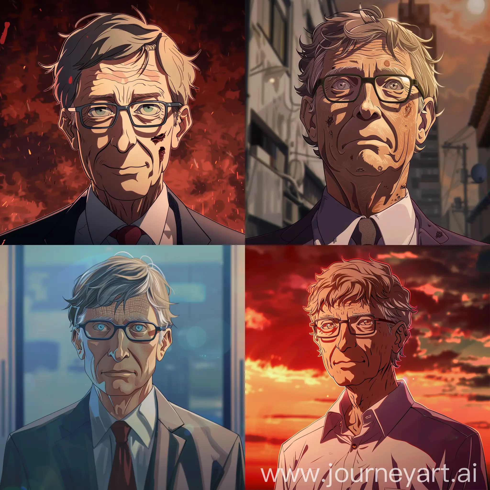 bill gates being unalived in an anime art style