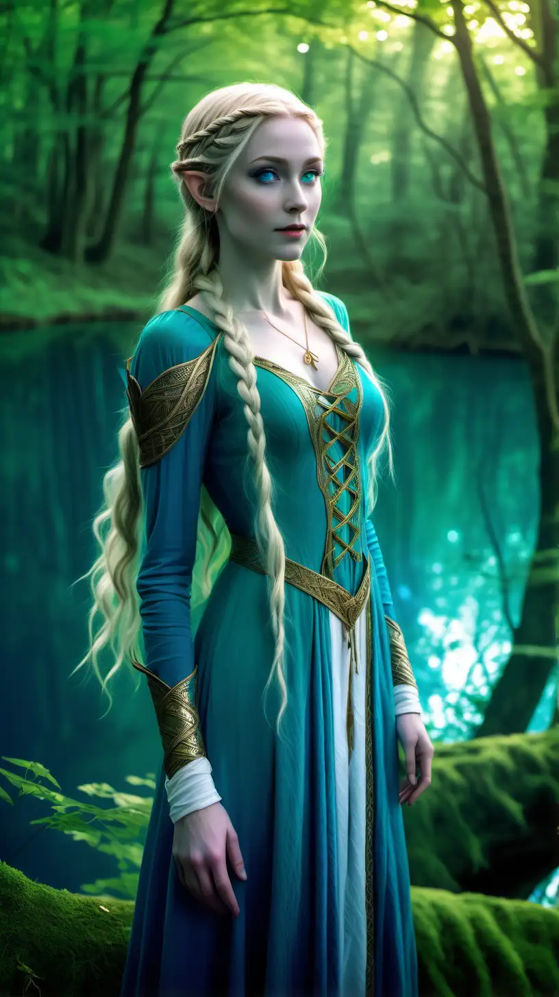 A tall, pale elvish woman stands in a vibrant green forest next to a shimmering blue lake.  She has braided golden hair, luminescent blue eyes, and is wearing a blue form fitting dress with white trim and gold accents.