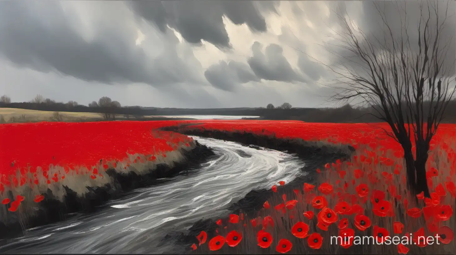 rough oilpainting with broad brushstrokes, gray landscape, leaden sky, black river with oily water and whitecaps, a few bare trees, a single field of red poppies