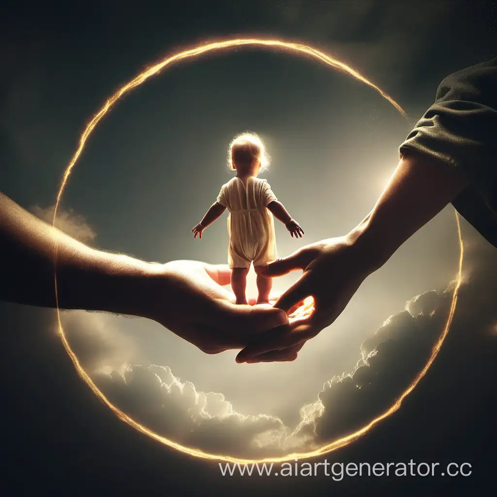Бог держит ребенка за руку в круге