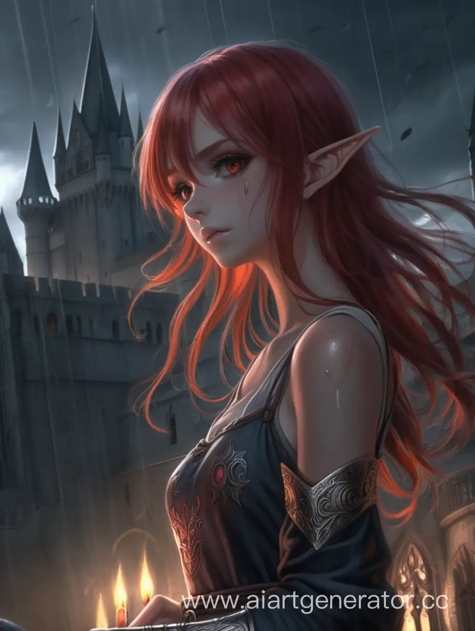 Anime style, A girl with red hair, brown eyes, hands full of blood. dark, sexy elf girl a dark souls aethtetics. castle and dragons on the background, detail rays of light, rain weather, detail shadows, night 