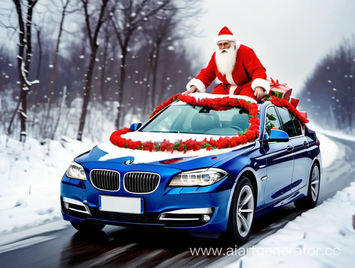 Ded-Moroz-Driving-BMW-F10-on-Snowy-Road-with-Festive-Garlands