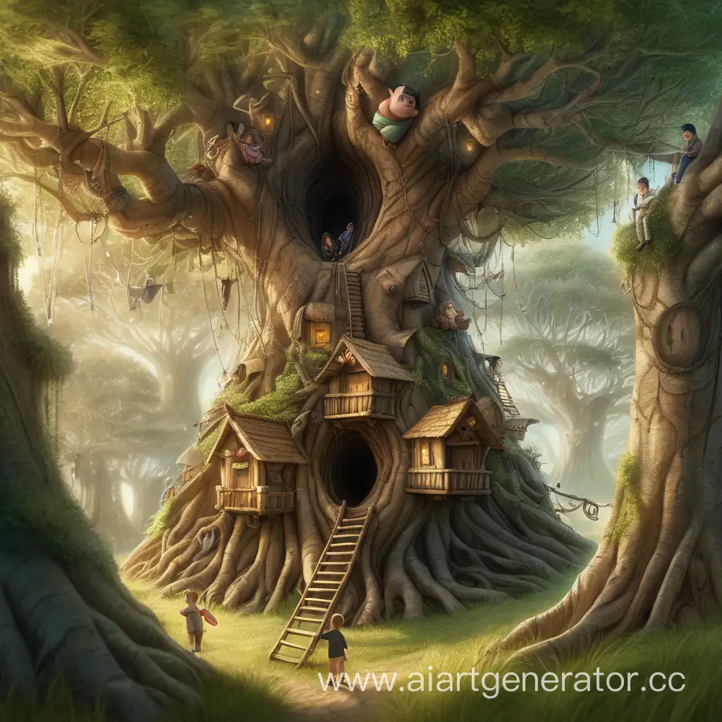 маленькие люди живущие на дереве в дуплах а длинные ветки у них имеют название и есть даже площадь соединение трёх витвей