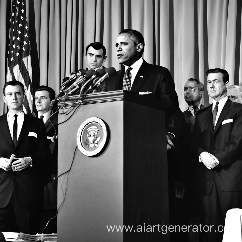 Чёрно белое изображение газеты 60-ычх годов где президент в пиджаке с наградами выступает перед народом стоя за трибуной с тремя микрофонами