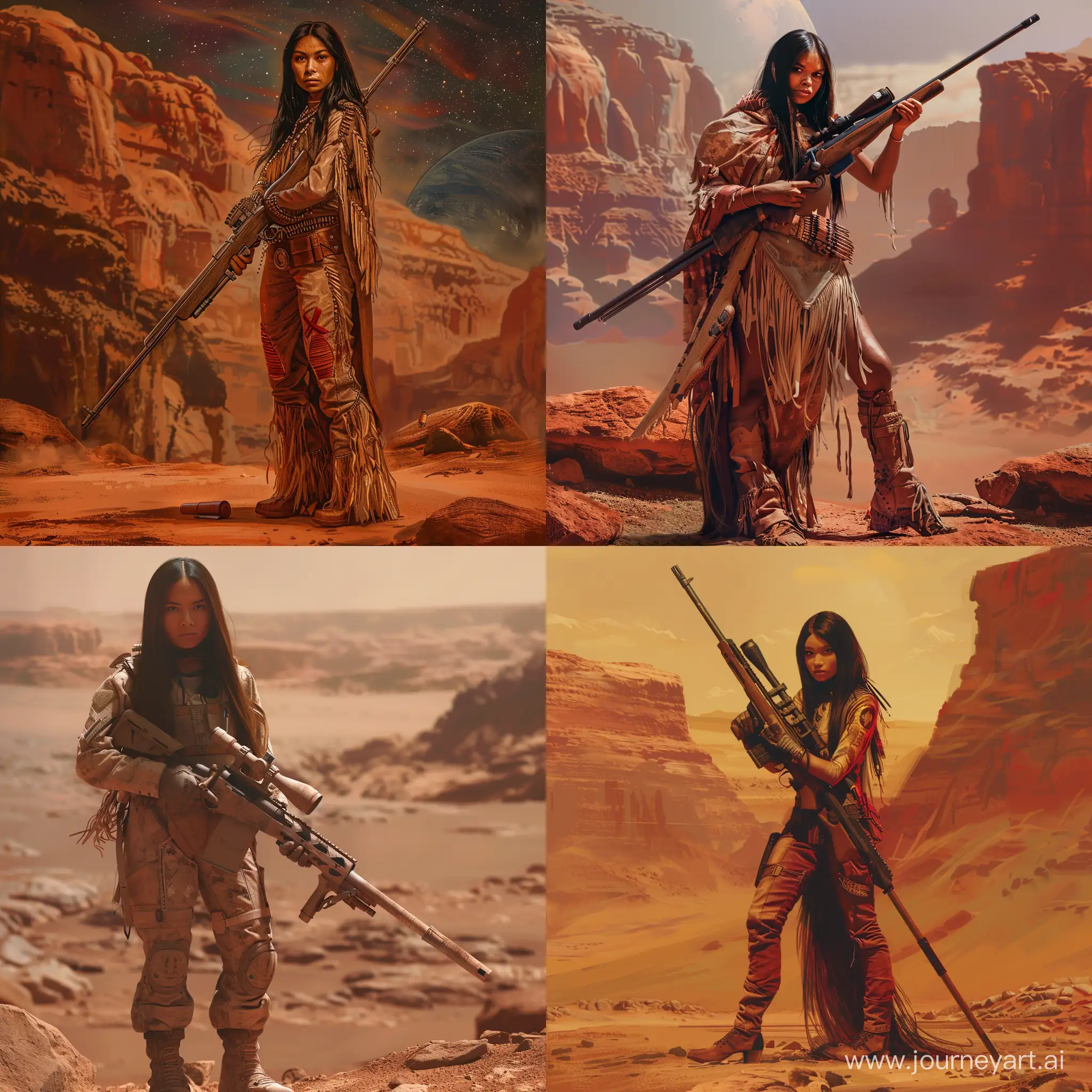 Американская индейская девушка на Марсе. Высокая, стройная, сухощавая. С винтовкой руках. Не агрессивная. Хорошо одетая. НЕЖНАЯ.