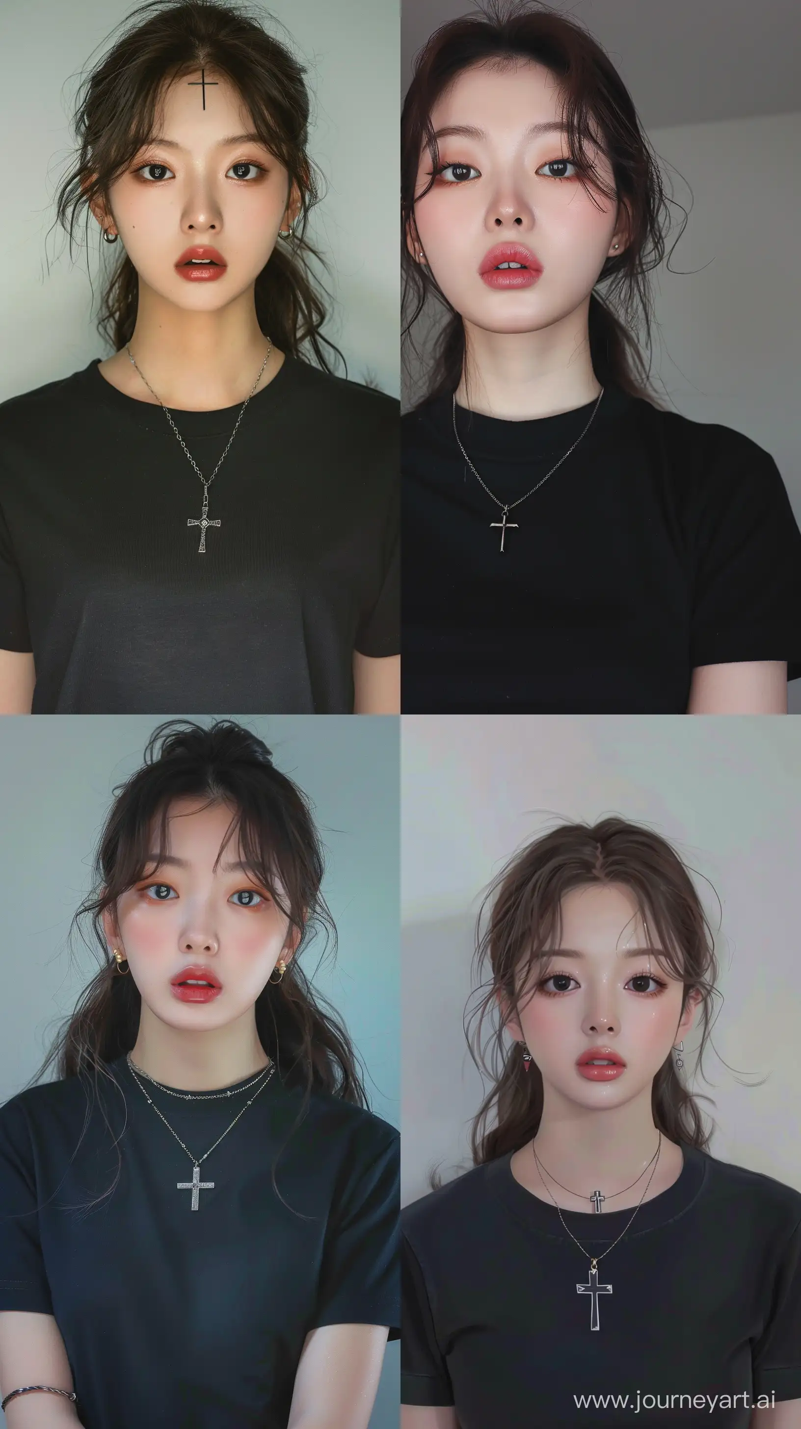 A beautiful Asian woman with wide-set eyes,wearing black tshirt and cross necklace a youthful appearance, and facial features resembling Blackpink's Jennie. --ar 9:16 --v 6
