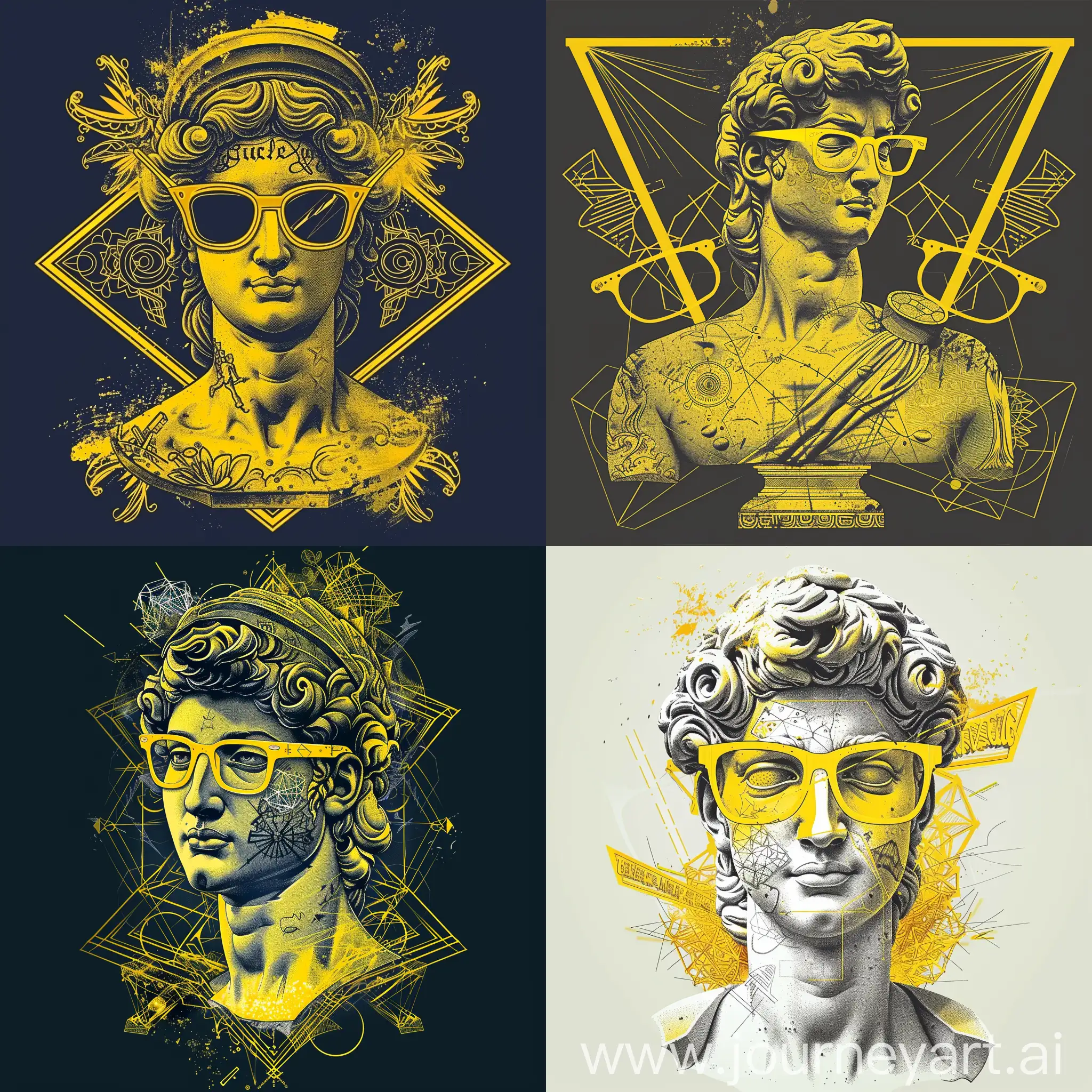 graphic design compilation, 2d vector graphics, various objects, chaotic vector geometry, tattooed statue of Venus of Milo, intricate, yellow grunged glasses+neon