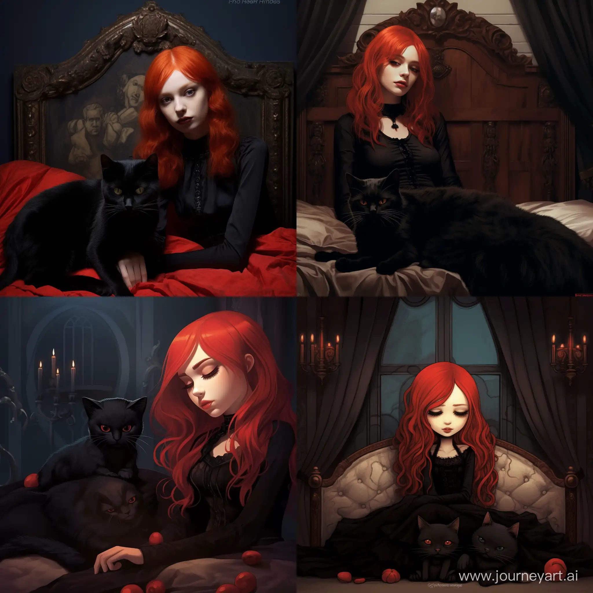 Enchanting-Slumber-RedHaired-Gothic-Girl-Rests-Beside-Mysterious-Gothic-Cat