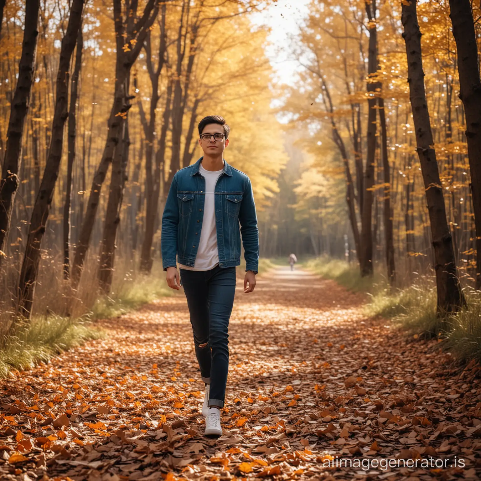 (highres,realistic:1.2), full body shoot, wide shoot, cinematic portrait of handsome 20 years old man, glasses, with very short cut black hair, wearing denim jeans and white sneakers Tommy Hilfiger shoes, walking in the forest, dry elk leaves floating in the air, autumn scenery, peaceful atmosphere, warm sunlight, serene expression, joy, playful mood, golden leaves, orange and brown tones, gentle breeze, falling leaves, natural surroundings, soft grass, relaxed pose, scattered leaves around, crisp sound of leaves, vibrant colors, rustic setting, nature's beauty, quiet moment, outdoor activity, carefree youth, leafy ground, motion blur for leaves, wide-angle perspective, tranquil ambiance, childlike wonder, nostalgic feeling, enchanting scenery