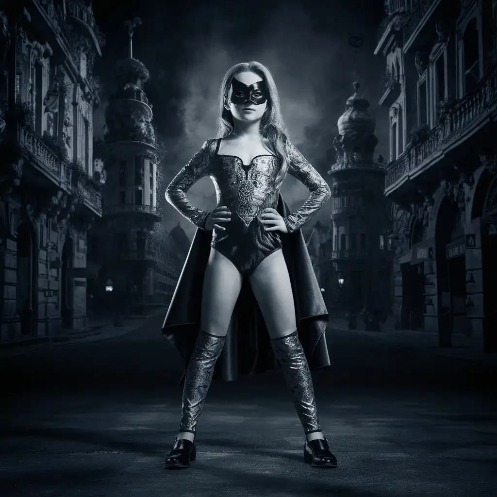 Girl 11 years old killer in chic full-length bodystocking in mask in night city baroque horror noir color photo