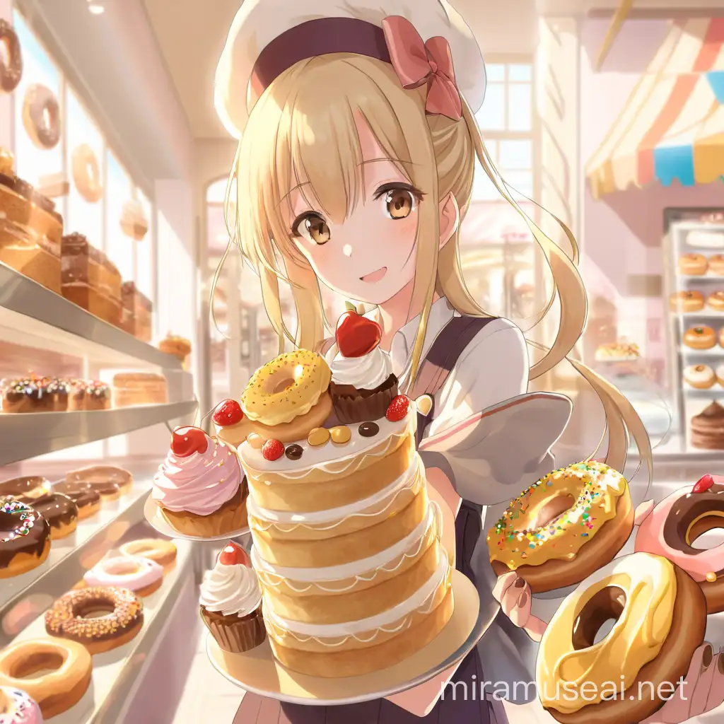 a 12 year old girl, holding cakes and donuts in her hands. In the cake shop, sunlight shines. Anime style