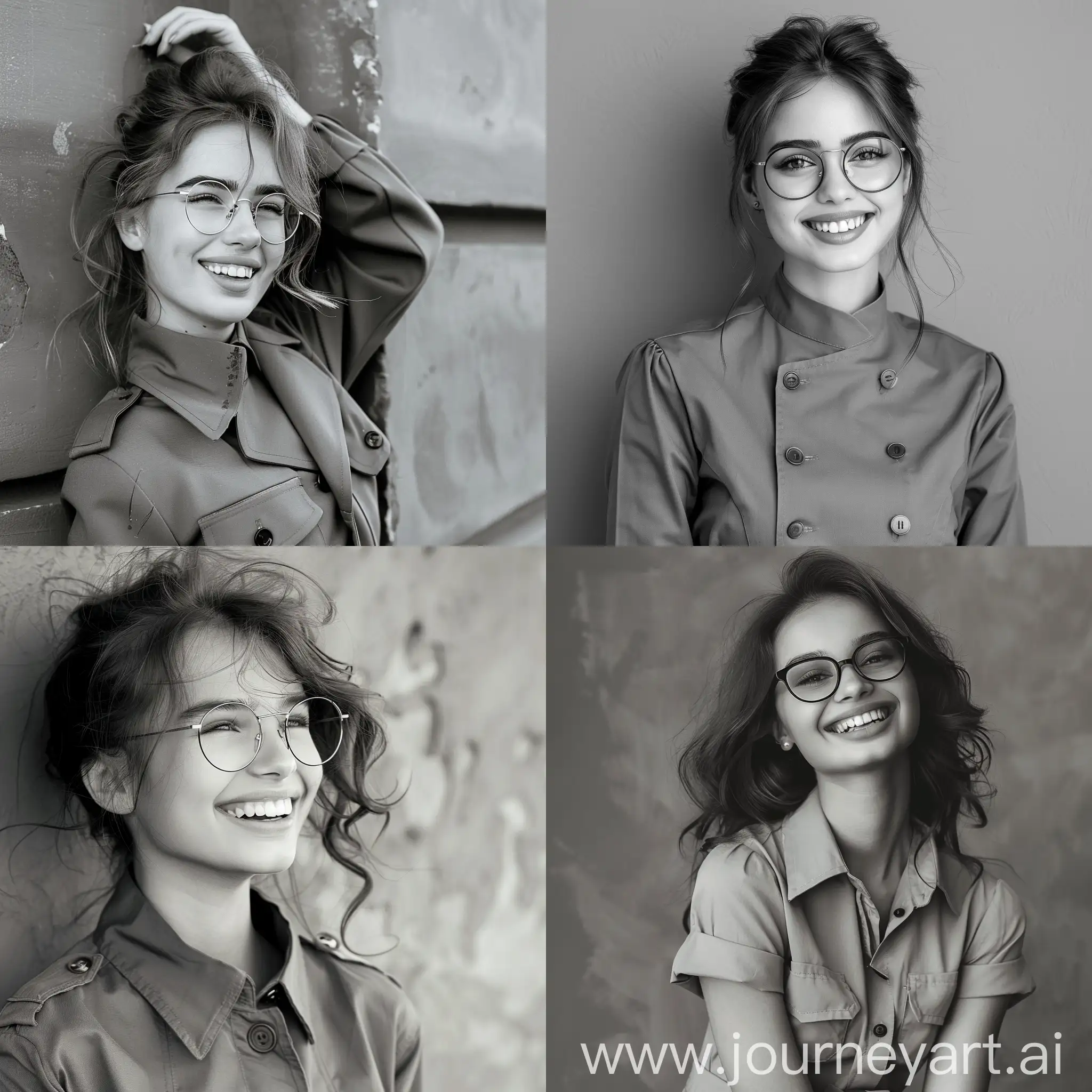 happy girl with glasses, stylish black and white magazine photo, gray uniform background