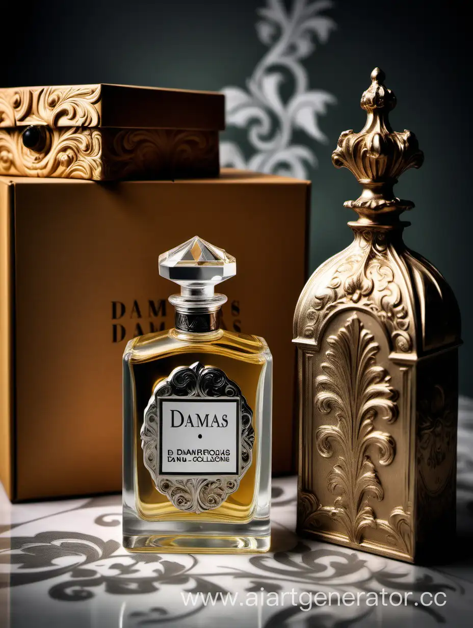 a bottle of damas cologne sitting next to a box, a flemish Baroque by Demetrios Farmakopoulos, instagram contest winner, dau-al-set, dynamic composition, contest winner, feminine