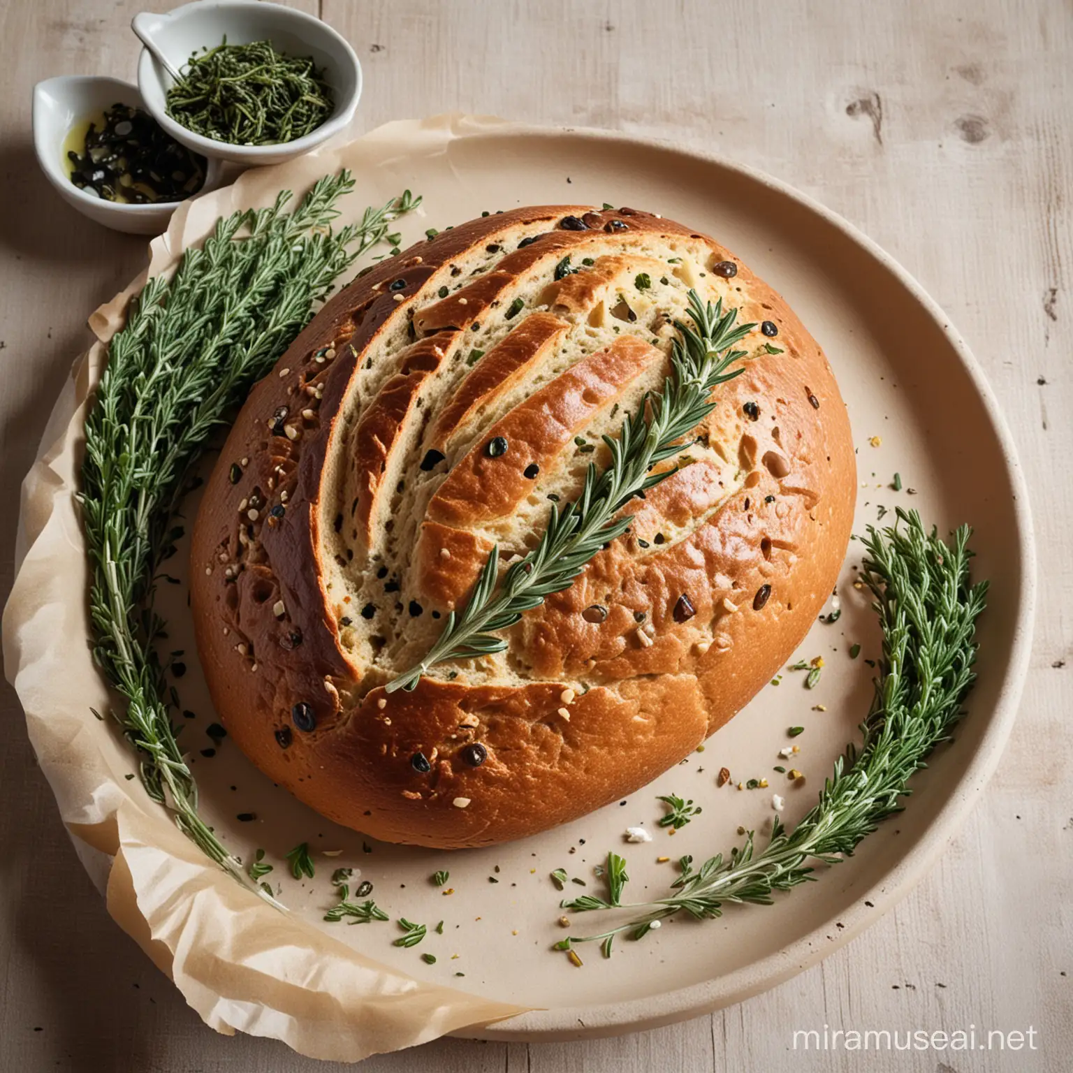 Fresh olive bread with butter and fragrant sea herbs