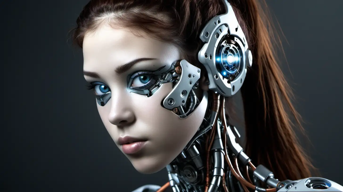 Cyborg woman, 18 years old. She has a cyborg face, but she is extremely beautiful.