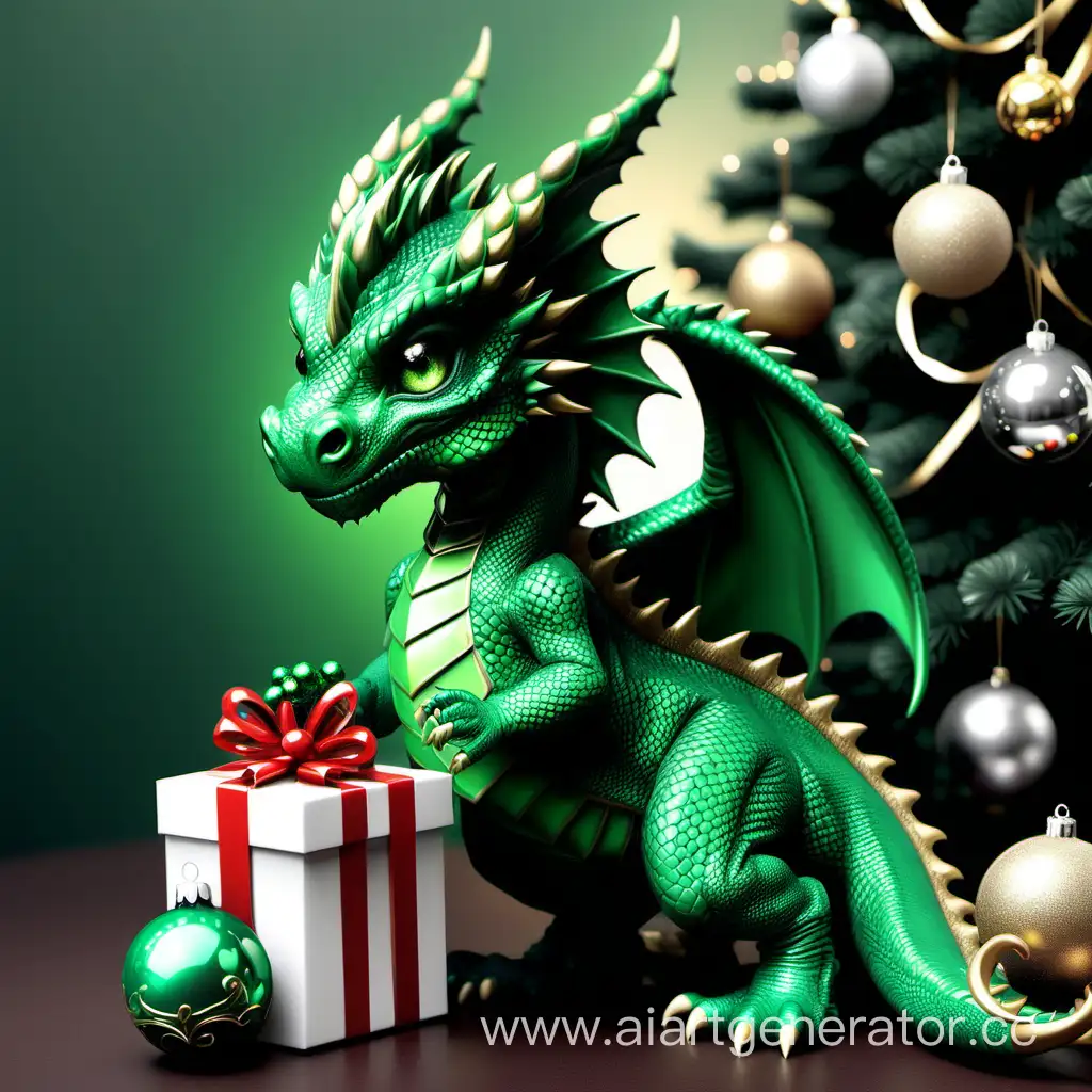 милый реалистичный изумрудного цвета дракон дарит елочку новогоднюю