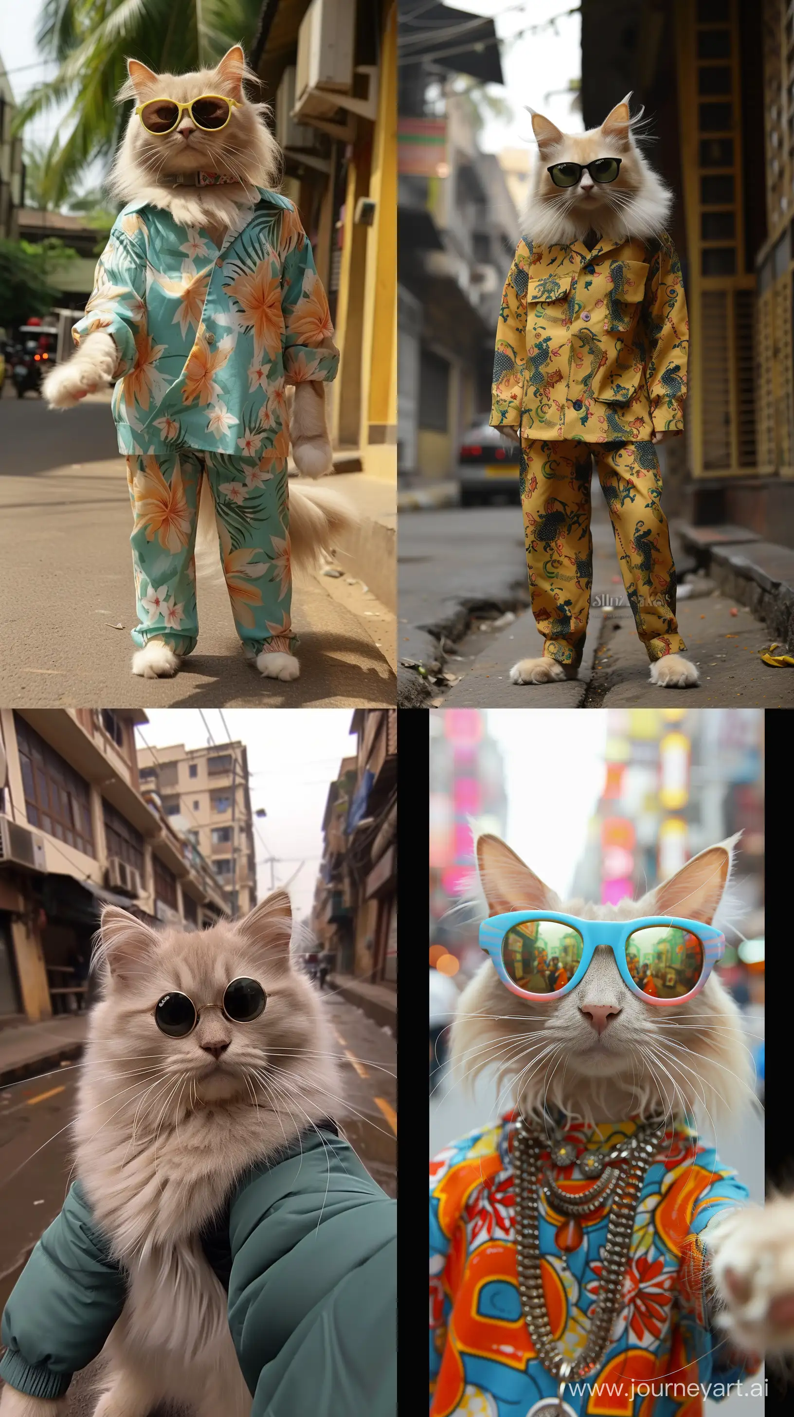light beige long haired cat takes selfies while travelling in Mumbai. cat is wearing a hip hop clothes , sunglasses, cat is standing against a background of the streets --chaos 50 --ar 9:16 --style raw --stylize 400 --v 6