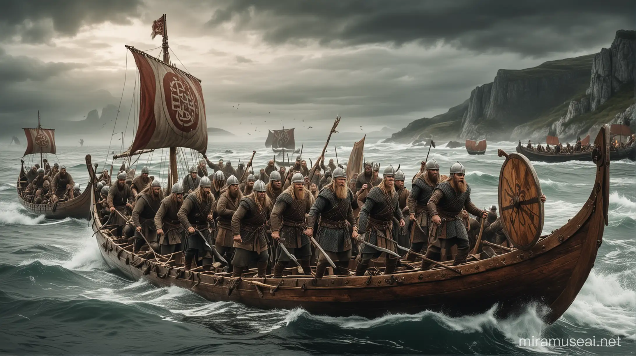 Epic Viking Warriors in Battle Amidst Seafaring Expeditions
