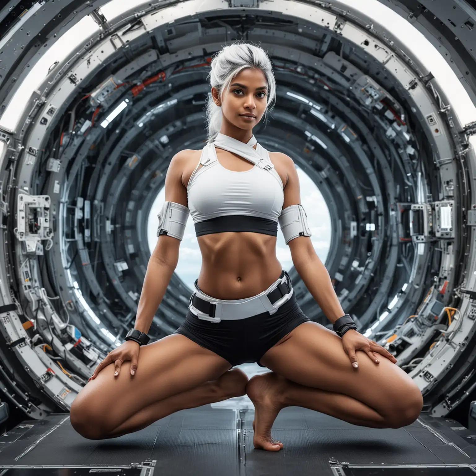 a beautiful sri-lankan woman assassin, petite with two-tone 50% black & 50% white hair, doing yoga.  She is wearing a futuristic combat top and knickers and is on an orbital space station