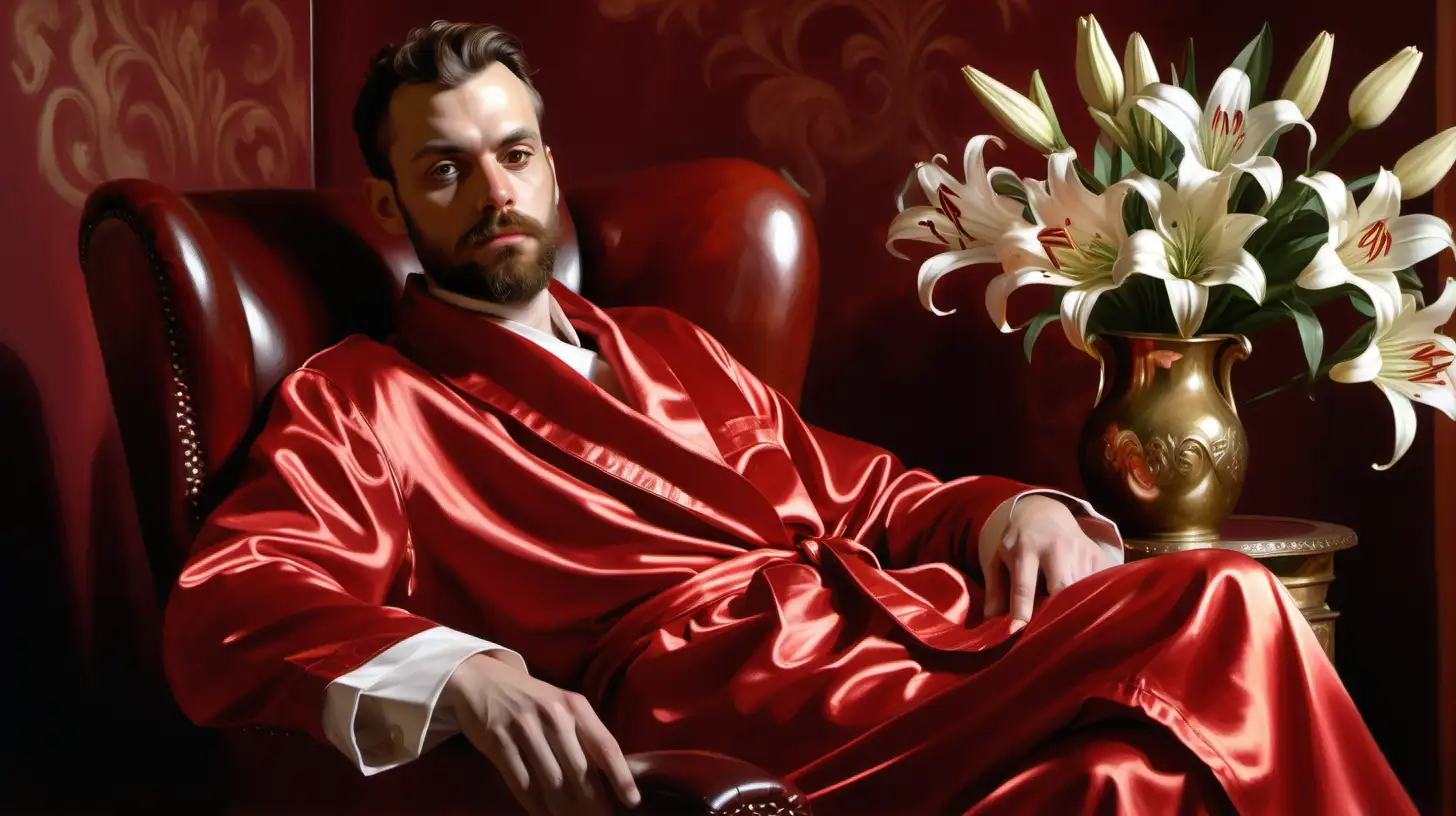 Melancholic Young Man in Red Satin Dressing Gown Portrait in John Singer Sargent Style