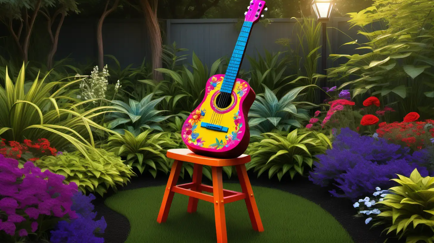 /imagine prompt: A flamboyant, brightly colored guitar propped up on a quirky, artistically designed stool, standing upright in a vibrant garden. The surrounding flowers and greenery enhance the guitar's colors, with the outdoor light bringing the scene to life. Created Using: Bold colors, detailed floral background, artistic stool design, outdoor lighting, vivid style, natural setting, dynamic contrast --ar 1:1 --v 6.0