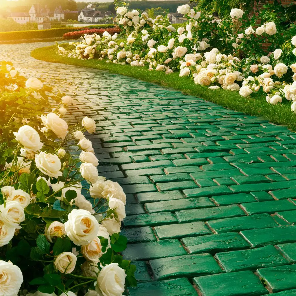 emerald green brick road path, white roses, green bricks
