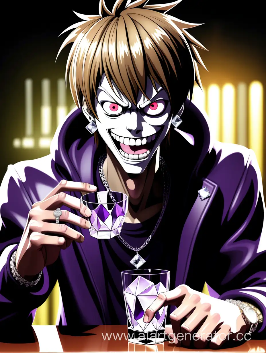 light from death note turned into a rapper with diamonds in his teeth with a glass of lean
