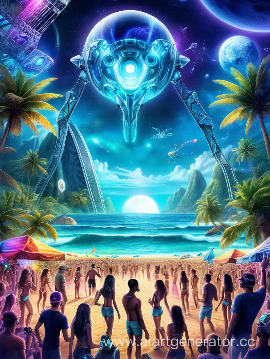 Awesome! Based on the information you provided, here's a prompt for your flyer:

"Design an electrifying and immersive flyer for our upcoming Beach Open Air Rave! The theme is a fusion of futuristic digital AI art and realistic beach vibes. Picture a dynamic scene with a dancefloor set against the backdrop of the ocean, captured from a drone's perspective. Humans and aliens groove together to jungle techno beats, creating a surreal and cosmic atmosphere. Incorporate stunning visual effects, FX elements, and a seamless blend of sea and sky. The flyer should capture the essence of the event – a unique fusion of technology, nature, and intergalactic celebration. Use vibrant colors, futuristic fonts, and bold graphics to convey the energy of this unforgettable party. Include essential details like date, time, venue, and any special highlights. Let your creativity run wild, and transport the audience to a world where music meets the ocean and humans unite with extraterrestrial beings under the stars." DJ MONKEY SPACE. psychedelic background for poster, rave, sea, digital, art, realistic , fx effects, psytance, beach open air, party people, jungle. 🚀 Futuristic Fusion: Humans & Aliens Unite

Dance under the stars as humans and aliens unite in harmony, grooving to mind-bending jungle techno beats. Our drone's perspective captures the dynamic scene – a surreal blend of technology and nature, where the waves echo the rhythm of the music.