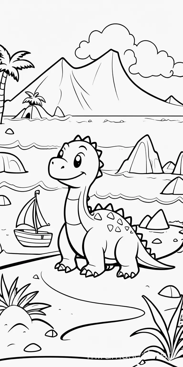  Simple black line cute dinosaur in the beach making a sand castle Black and white full page coloring page for kids, cute, full page, no borders, simple, shapes with black lines, printable outlined art, thin lines, no shades, crisp lines --style 4b --v4-, white background