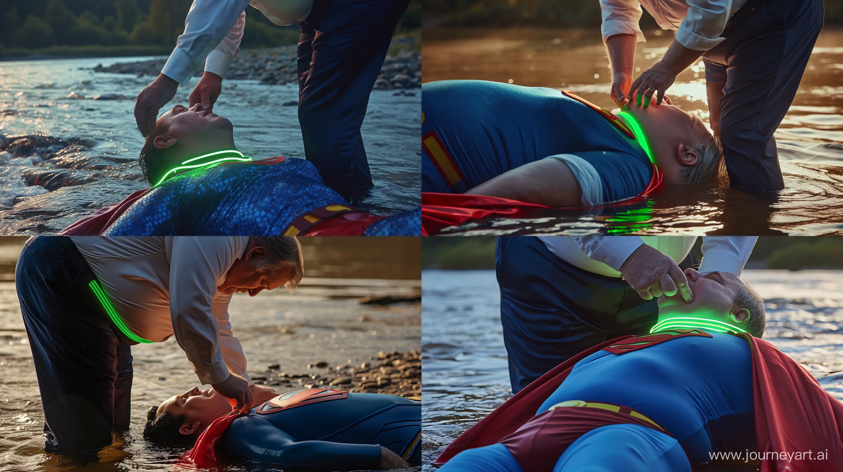 Close-up photo of a fat man aged 60 wearing silk navy business pants and a white shirt. Bending and putting a tight green glowing neon dog collar on the nape of a fat man aged 60 wearing a tight blue 1978 superman costume with a red cape lying in the water. Natural Light. River. --style raw --ar 16:9