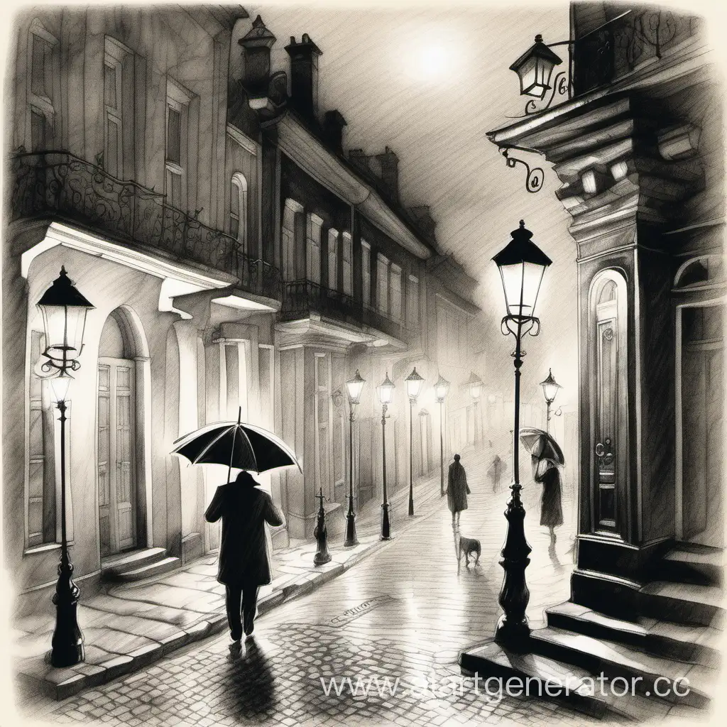 рисунок карандашом, улица, пушкинские фонари горят, идет человек с зонтом 