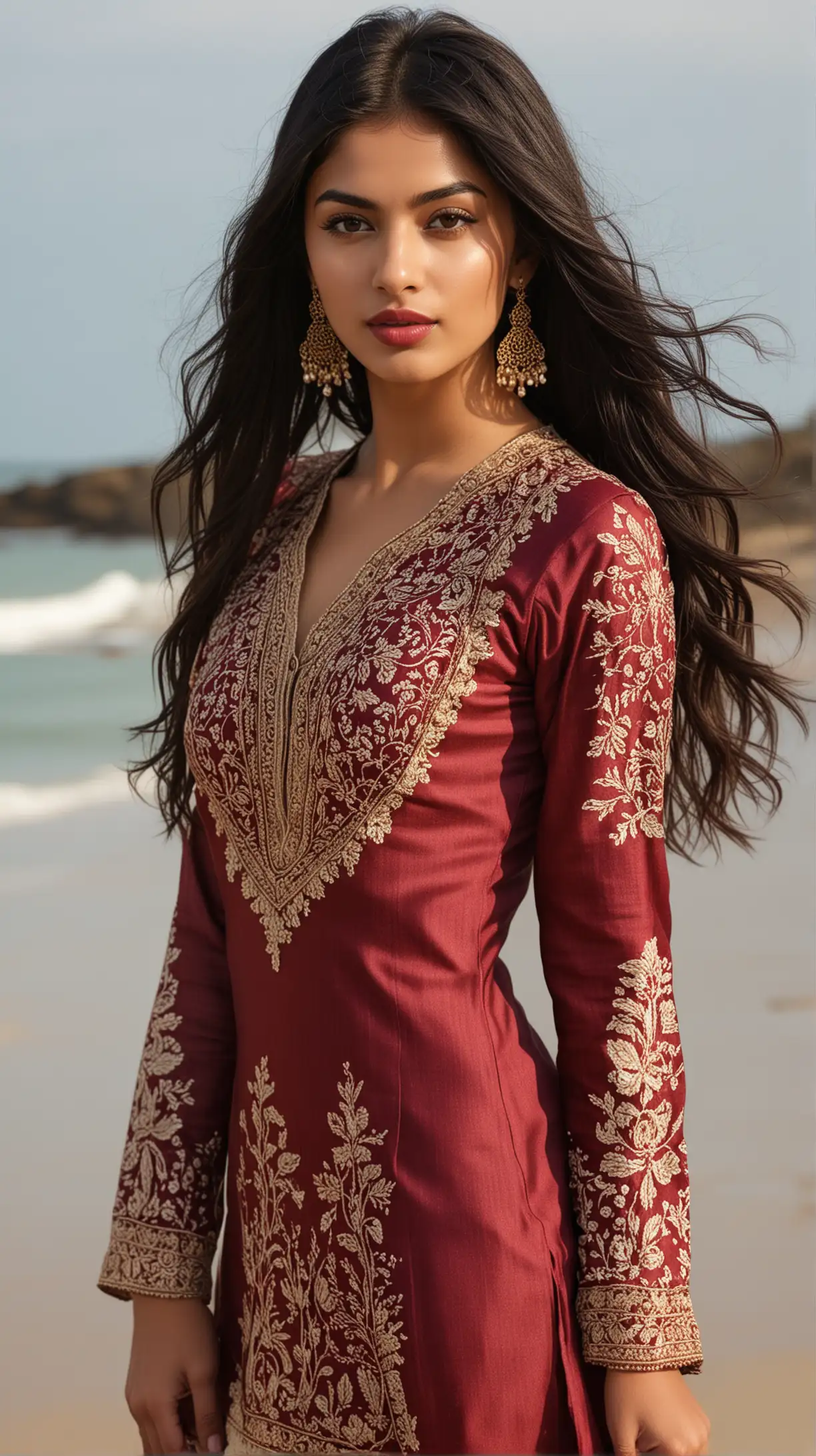 Very stunning, beautiful and sexy 18 year old British girl sensually dressed in an expensive maroon and beige Indian salwaar kameez, glossy look, seductive look, maroon lipstick, long black hair, glow on face, intricate details, standing in front of a beach in England, photo realistic, only upper-body, face and background shown, blurry background, 4k, vivid colours, dramatic lighting