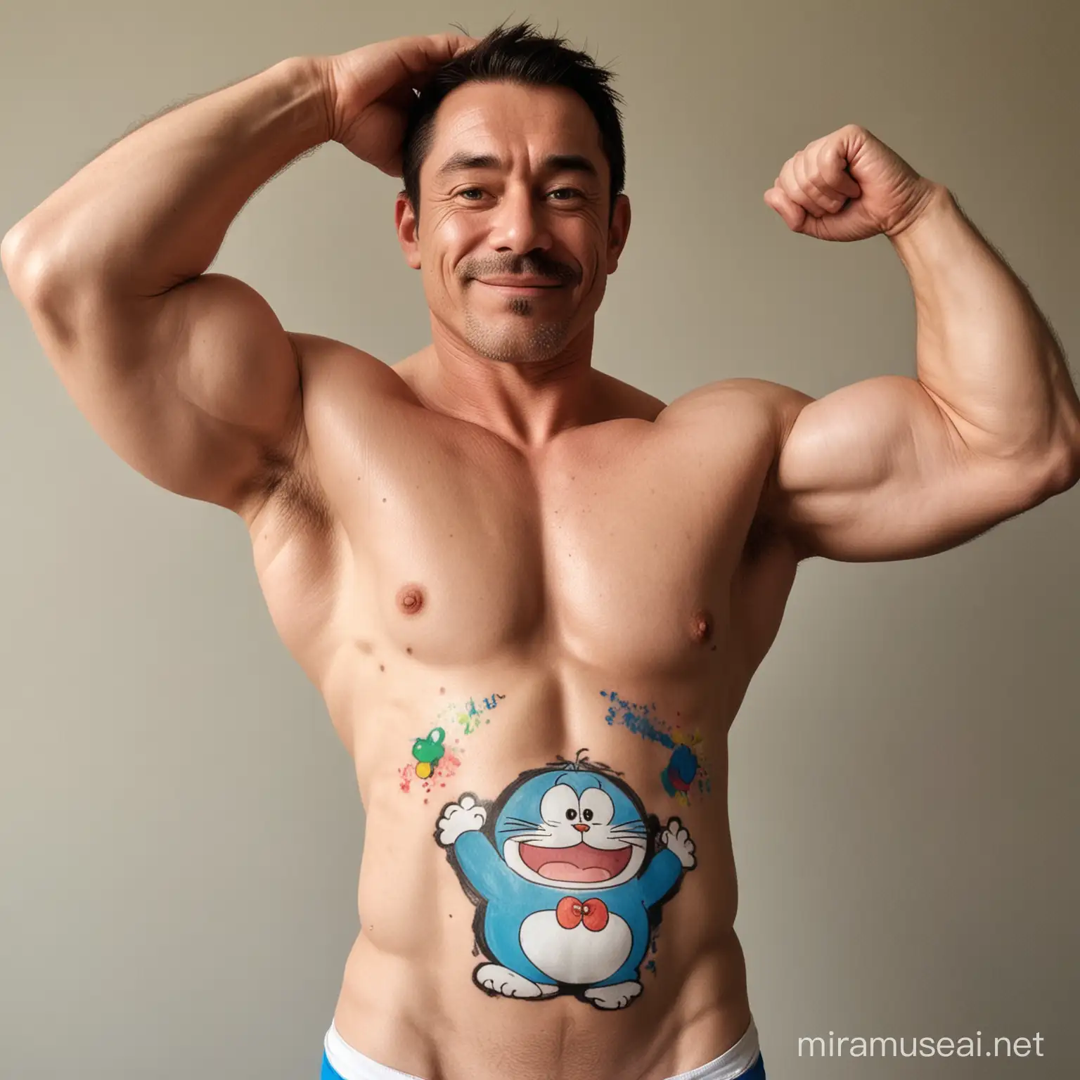 Topless 40s Ultra Beefy Happy Bodybuilder Daddy Glow in the Dark Highlighter Multi BRIGHT Coloured Ink Painted on every part of his body Doraemon and Flexing his Big Strong Arm
