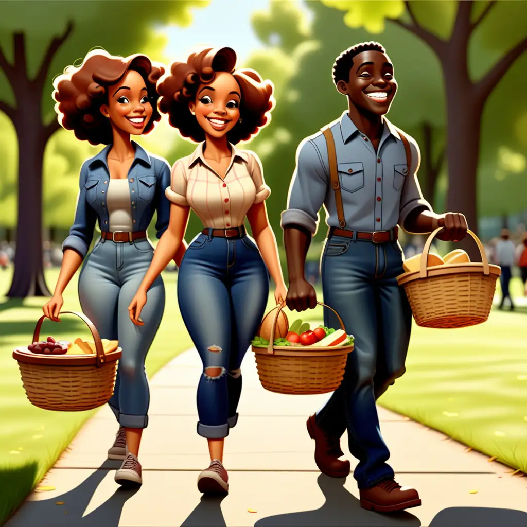 Cheerful African American Family Picnic in Vintage Cartoon Style