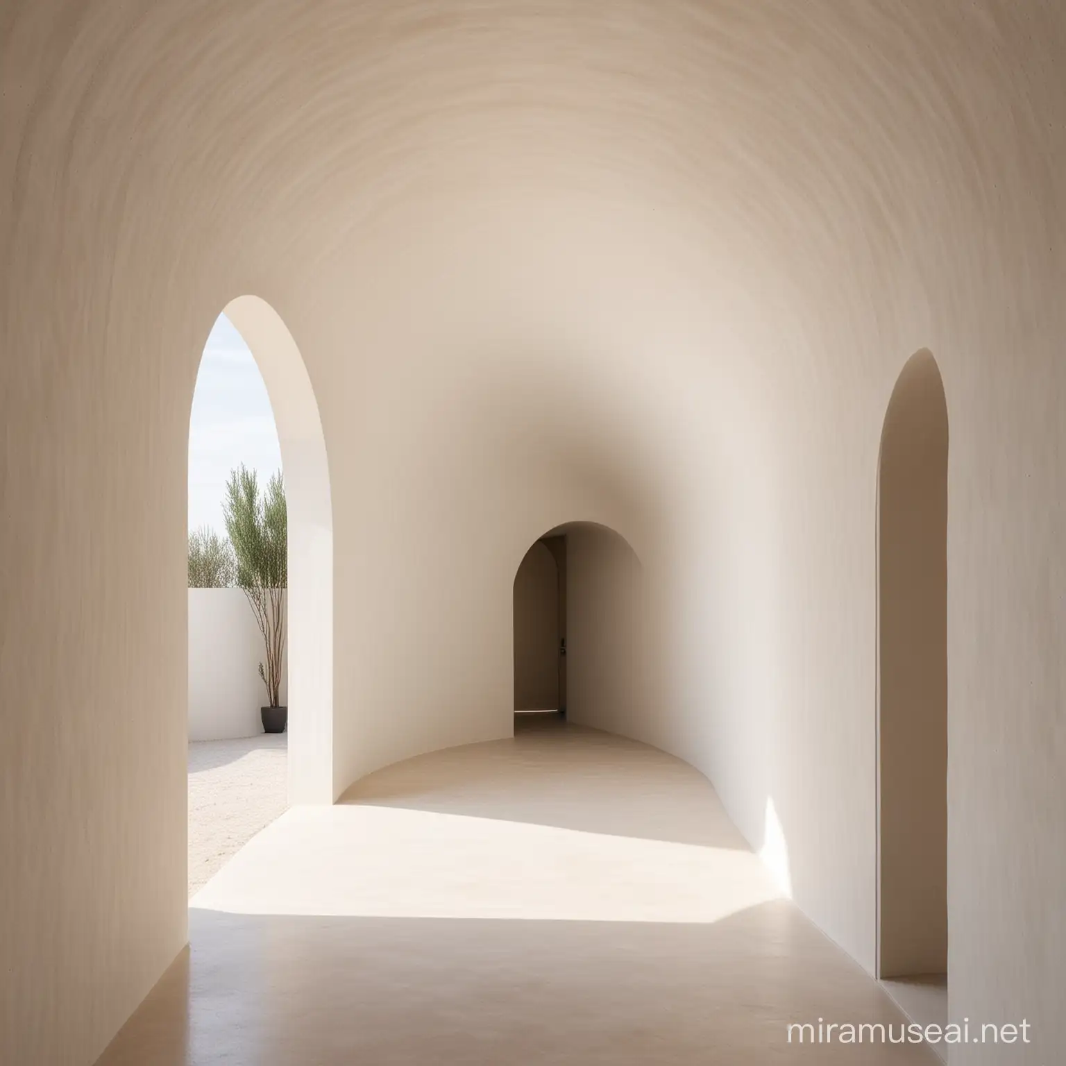 Minimalist Circular Corridor with White Sand Floor