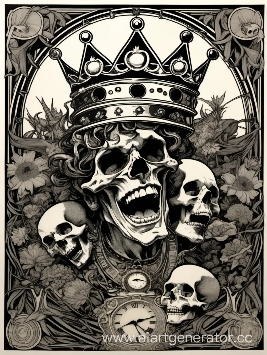 laugh skull wearing a time crown, assimetrical, alphonse mucha, william morris, obey poster, hiperdetailed, black,white, gray, red, hipercontrast