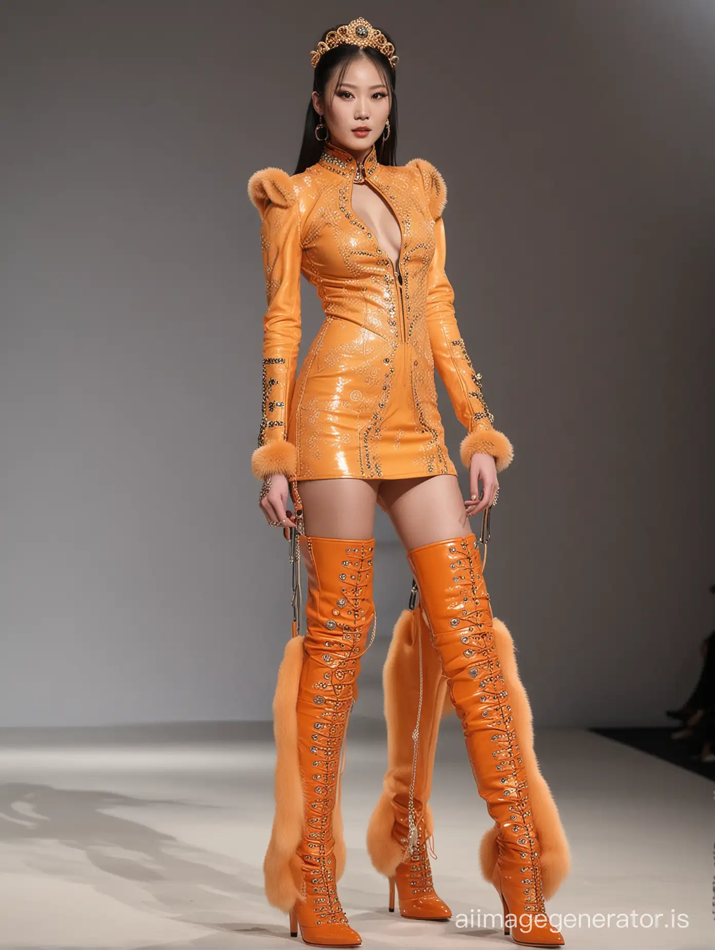 Sexy Chinese model, with  a lot of rings, bracelets and collar in very long light orange patent high stilettos heels thigh-high-boots, a lace embroidered dress, a leather perfecto, a fur chapka, on a  catwalk
