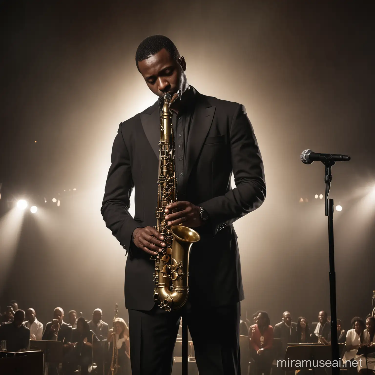 CREAT A DIGITAL PHOTO OF A black African man standING tall at 5 feet 10 inches, skillfully playing a real tenor saxophone in an awe-inspiring worship setting, WITH WORSHIPPERS SHOWING REFERENCE