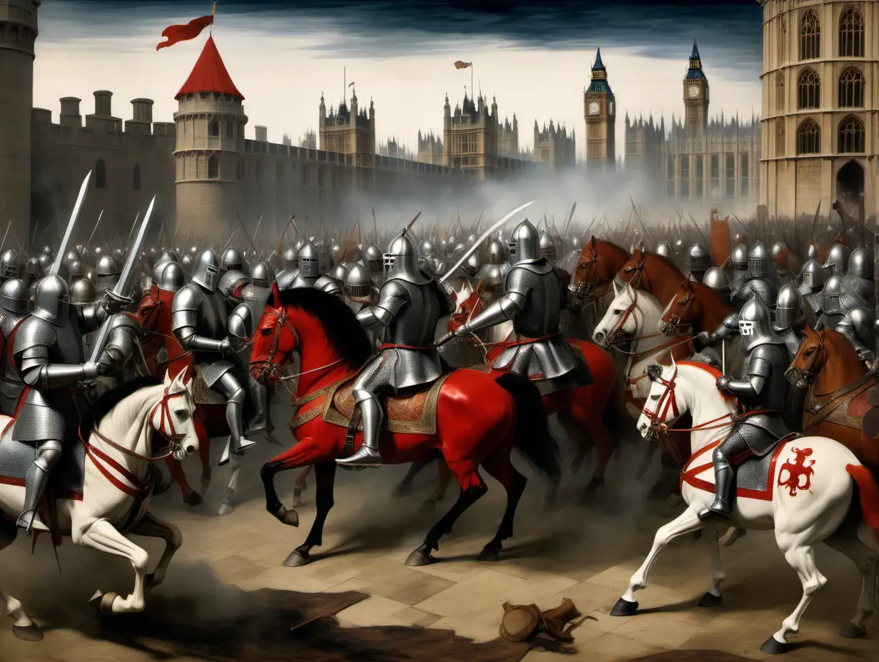 Knights on horseback fighting ogres  in London at the time of Henry 8th 