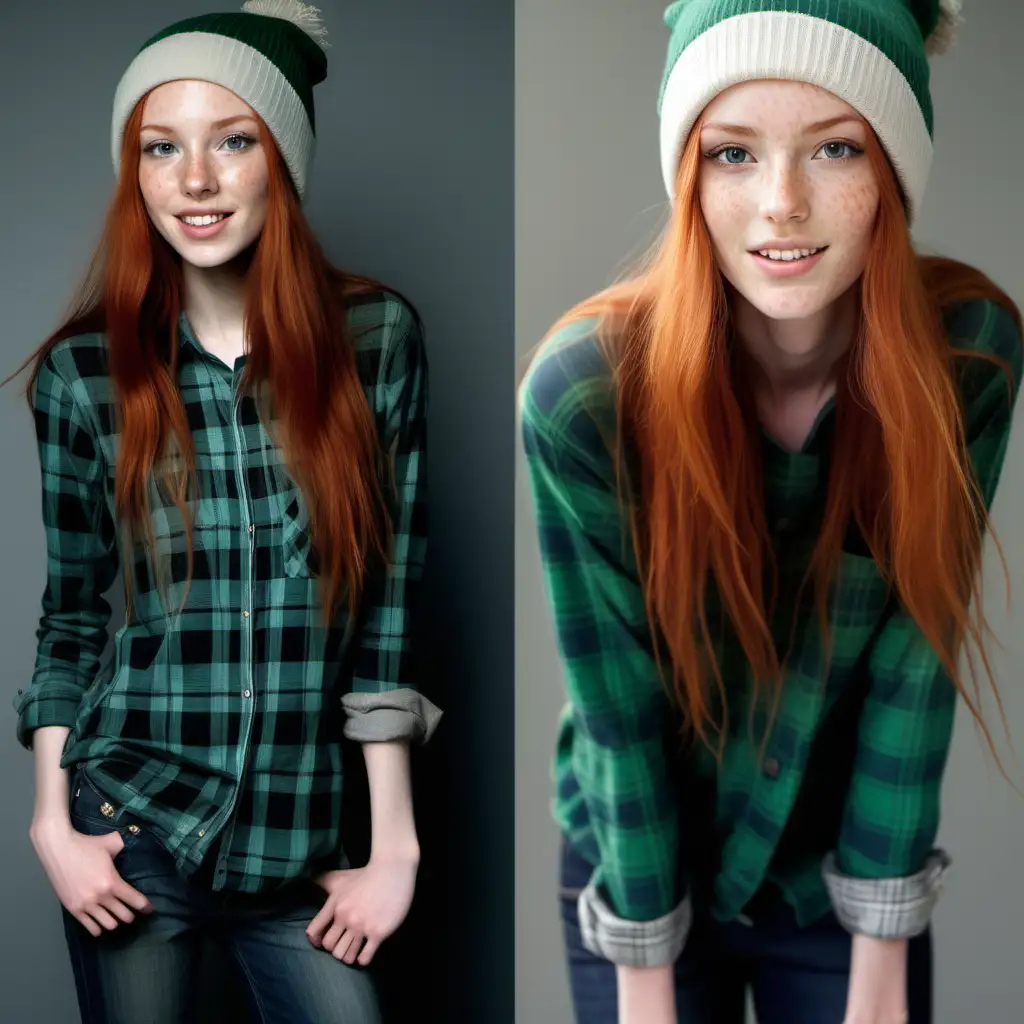 Stylish Redhead Woman in Green Plaid Flannel and Skinny Jeans