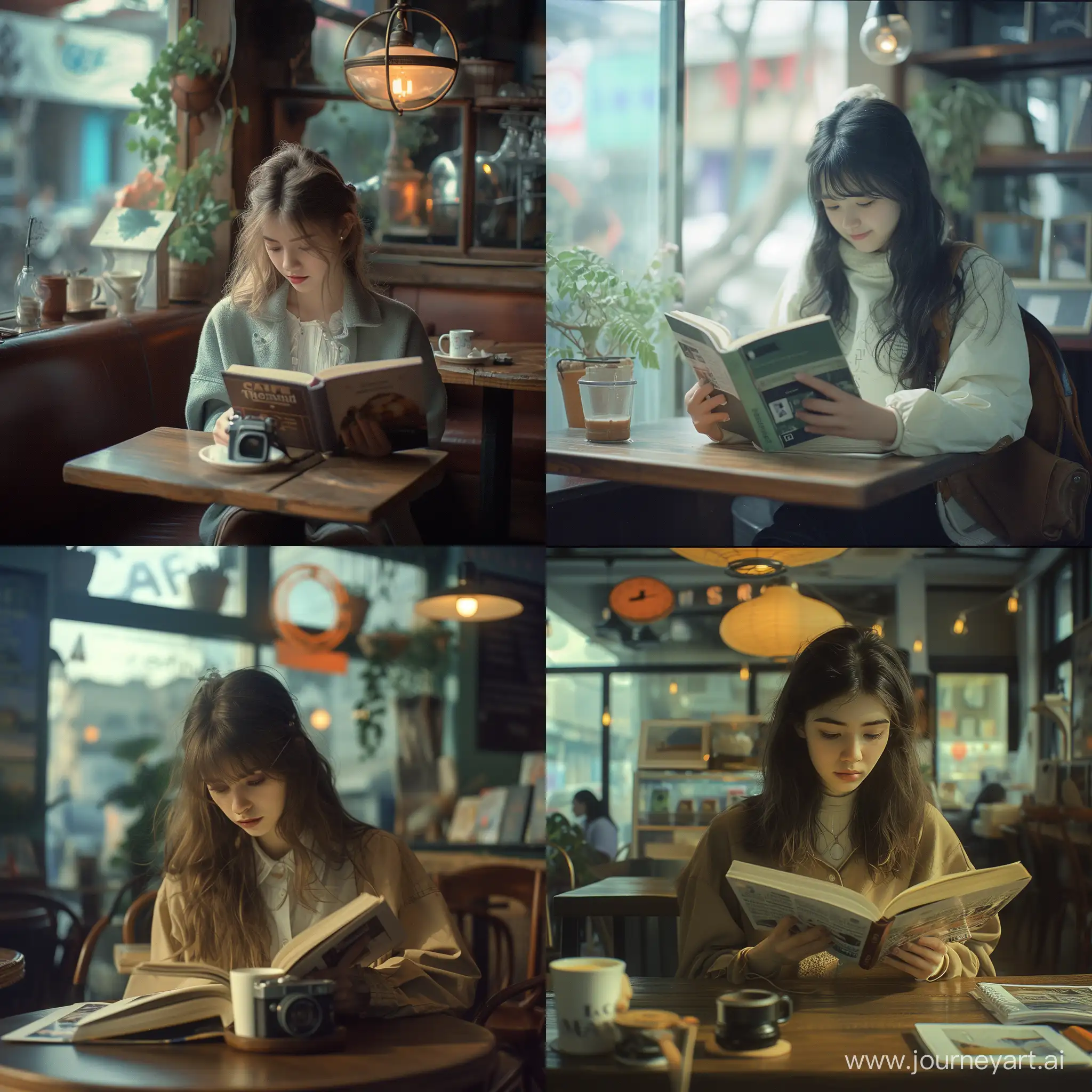 create an aesthetic photorealistic image of a girl reading a book in cafe, candid image, disposable camera