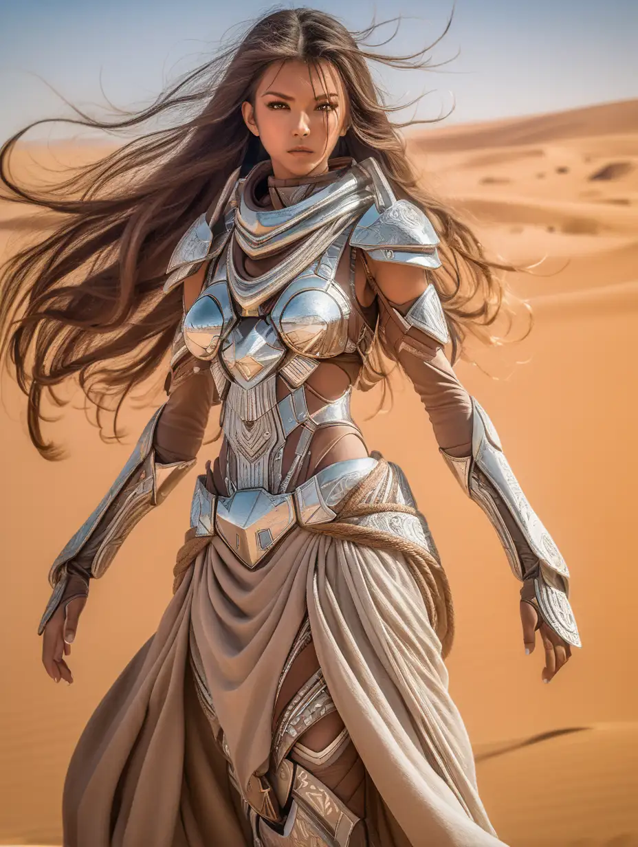 (cinematic lighting), In the expansive and harsh desert of Dune Wars, a beautiful anime girl stands as a beacon of strength and elegance. Her attire blends traditional desert robes with futuristic elements, providing both protection from the harsh environment and a touch of advanced technology. Vibrant eyes reflect the resilience and wisdom acquired through navigating the challenges of the desert.

Dust swirls around her, caught in the wind, as she moves with a graceful and purposeful stride. Intricate patterns on her clothing pay homage to the rich culture of the desert, and her flowing hair adds a touch of dynamism to the scene. In the midst of the intense and futuristic conflicts of Dune Wars, this anime girl becomes a symbol of beauty and fortitude, blending seamlessly into the intricate tapestry of the desert battlegrounds, half body photo, angle from below, intricate details, detailed face, detailed eyes, hyper realistic photography,--v 5, unreal engine 